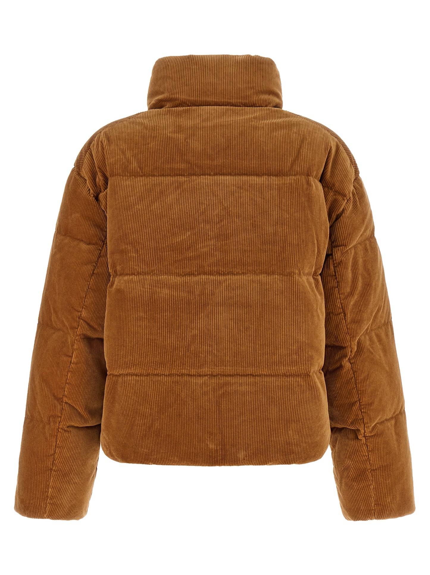 Puffer Jacket by Polo Ralph Lauren for women in stretch cotton corduroy brown, hazelnut & silver features an on trend silhouette, showcasing refined pockets & insulated and a sophisticated mock neckline for a truly on trend finish.