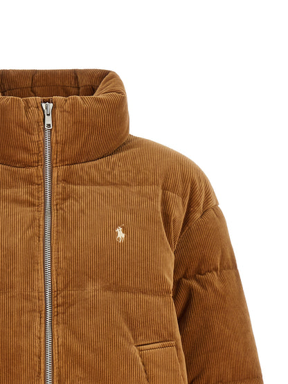 Puffer Jacket by Polo Ralph Lauren for women in stretch cotton corduroy brown, hazelnut & silver presents a effortlessly chic silhouette, showcasing a sophisticated mock neckline and premium pockets & insulated for a truly effortlessly chic finish.