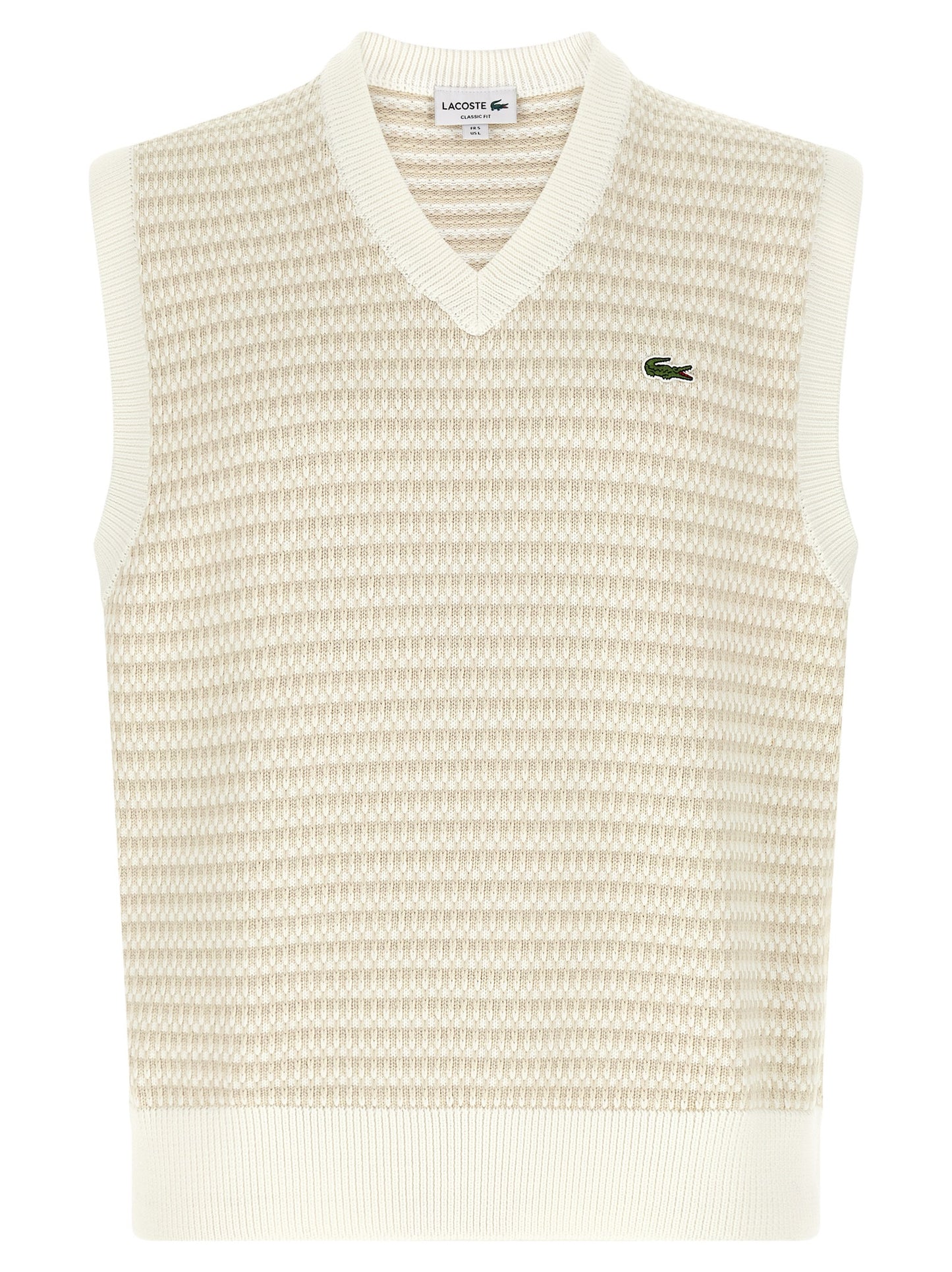 Sweater by Lacoste for men in polyamide crocodile leather & cotton beige, cream, green, patterned, jacquard & striped features an tactile silhouette, showcasing a sophisticated v-neck neckline and tactile sleeveless for a refined finish.