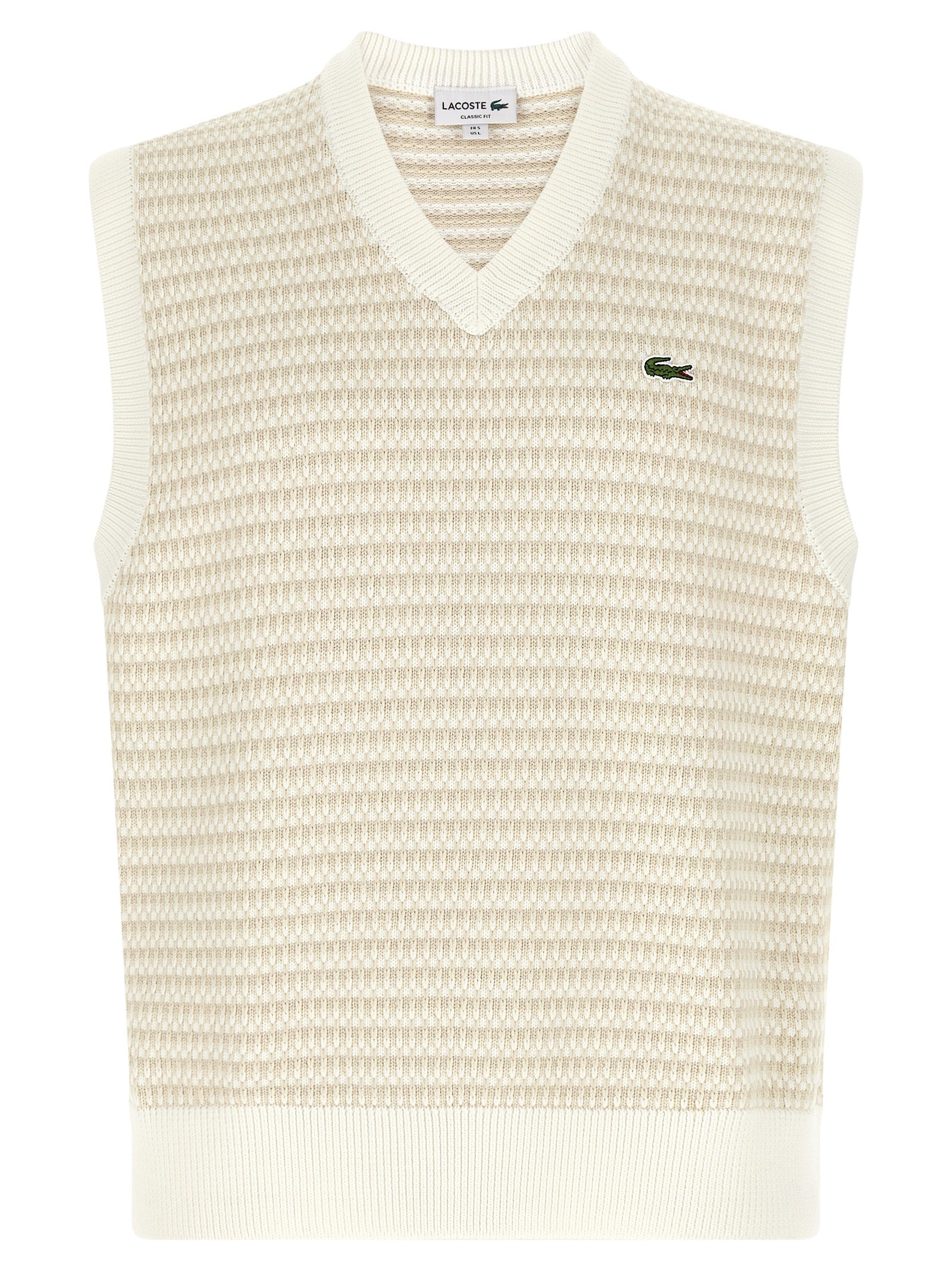 Sweater by Lacoste for men in polyamide crocodile leather & cotton beige, cream, green, patterned, jacquard & striped features an tactile silhouette, showcasing a sophisticated v-neck neckline and tactile sleeveless for a refined finish.