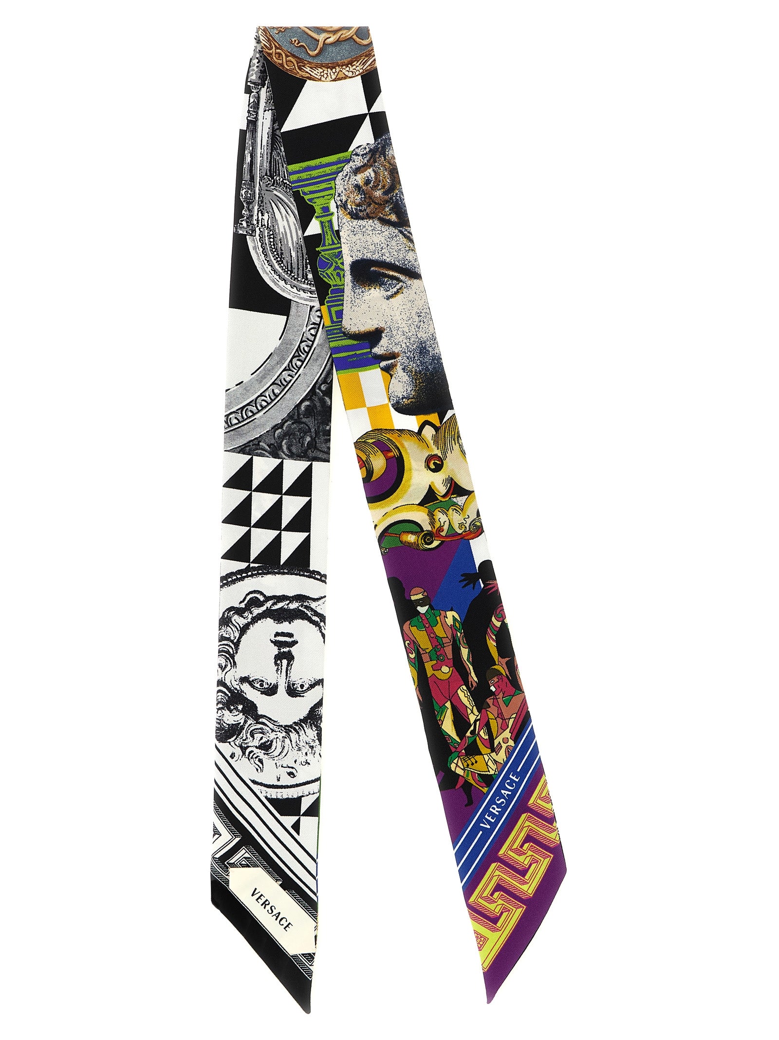 Scarf by Versace for women in silk twill multicolor & print features a snug silhouette, perfectly showcasing the elegant drape and premium finish of the Medusa Ribbon Silk Twill Foulard Scarf.