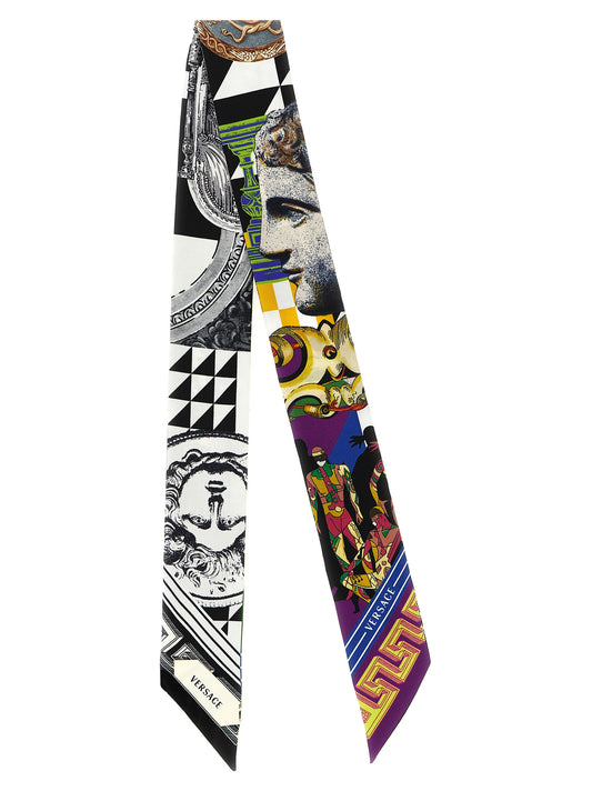 Scarf by Versace for women in silk twill multicolor & print features a snug silhouette, perfectly showcasing the elegant drape and premium finish of the Medusa Ribbon Silk Twill Foulard Scarf.