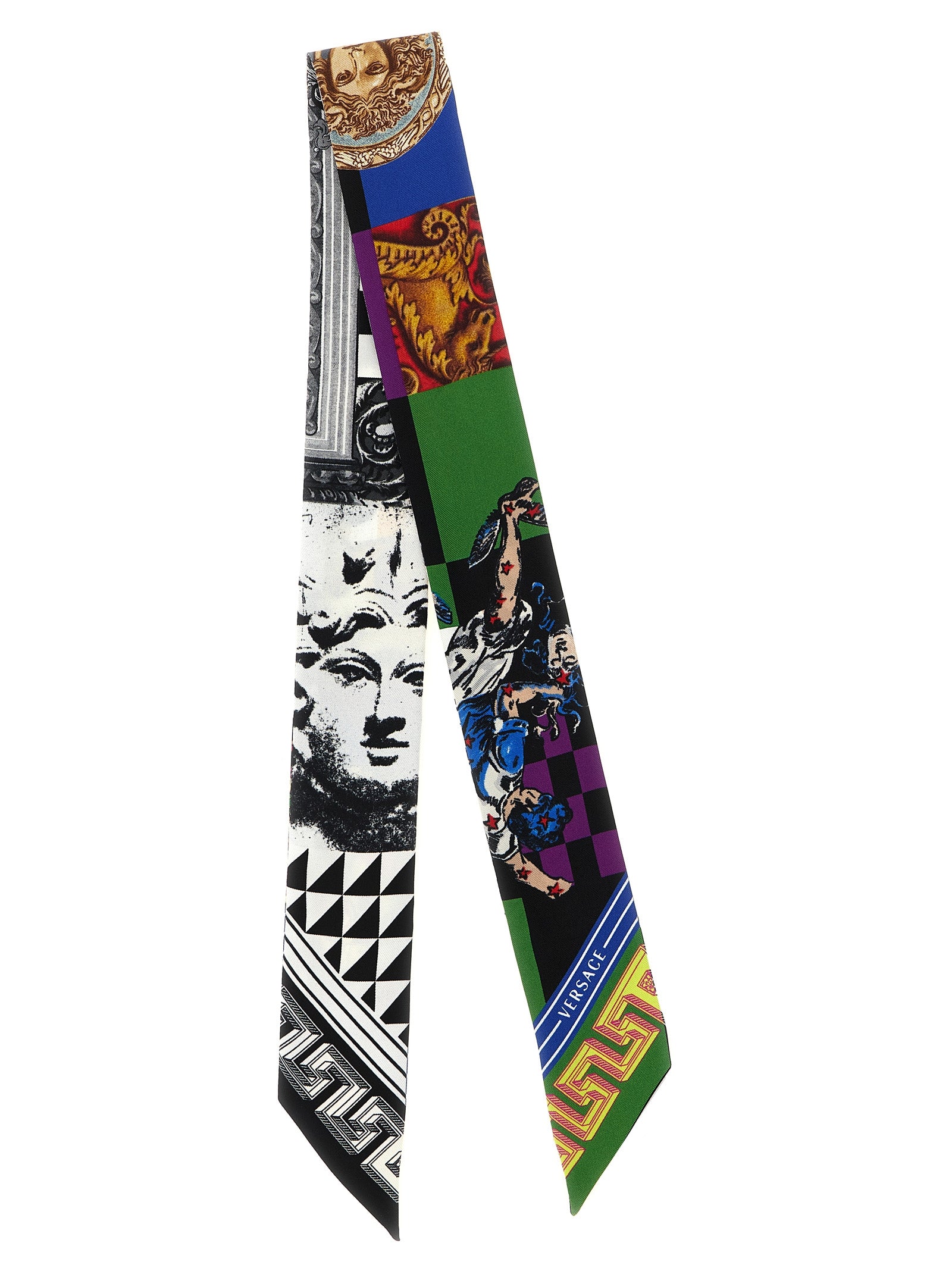 Scarf by Versace for women in silk twill multicolor & print showcases a eye catching silhouette, artfully capturing the essence of the eye catching Medusa Ribbon Silk Twill Foulard Scarf design for a sophisticated look.