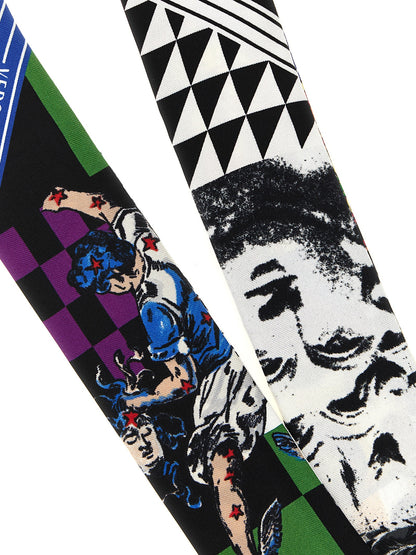 Scarf by Versace for women in silk twill multicolor & print showcases a on trend silhouette, artfully capturing the on trend essence of the Medusa Ribbon Silk Twill Foulard Scarf design with a sophisticated finish.