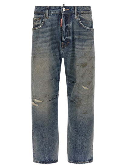 Jeans by Dsquared² for men in cotton denim blue, brown, red & signature features an refined tailoring silhouette, showcasing a premium relaxed-fit & cropped with a and cropped cut for a refined tailoring look.