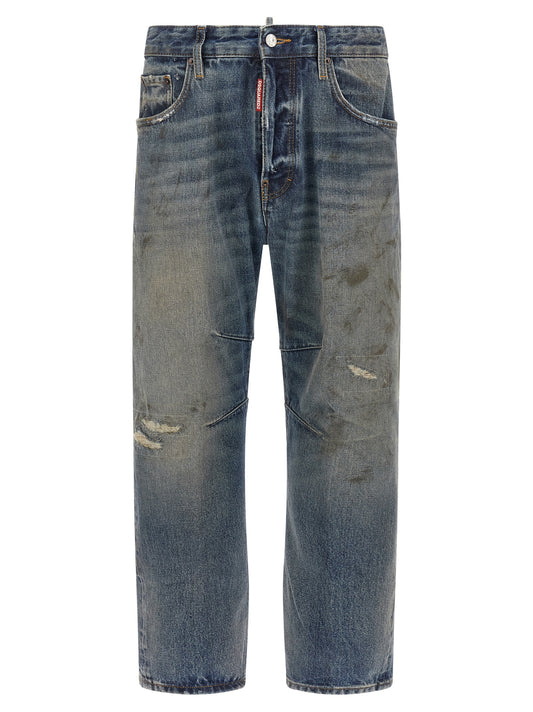 Jeans by Dsquared² for men in cotton denim blue, brown, red & signature features an refined tailoring silhouette, showcasing a premium relaxed-fit & cropped with a and cropped cut for a refined tailoring look.