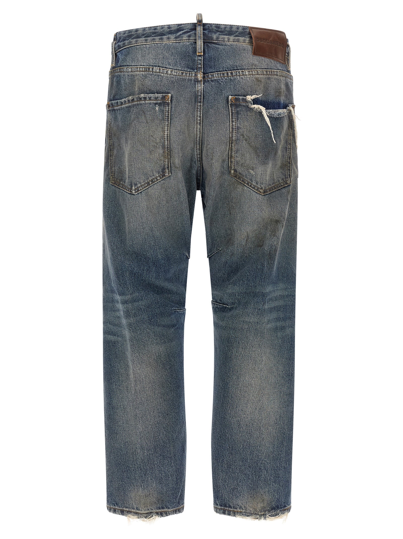 Jeans by Dsquared² for men in cotton denim blue, brown, red & signature presents a refined pantology silhouette, artfully defined by a refined pantology relaxed-fit & cropped, cropped, and a sophisticated .