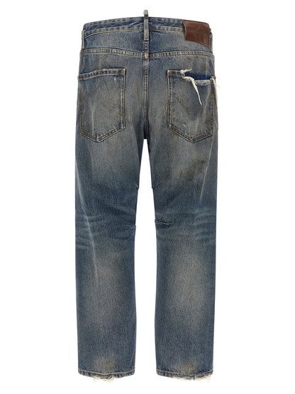 Jeans by Dsquared² for men in cotton denim blue, brown, red & signature presents a refined pantology silhouette, artfully defined by a refined pantology relaxed-fit & cropped, cropped, and a sophisticated .