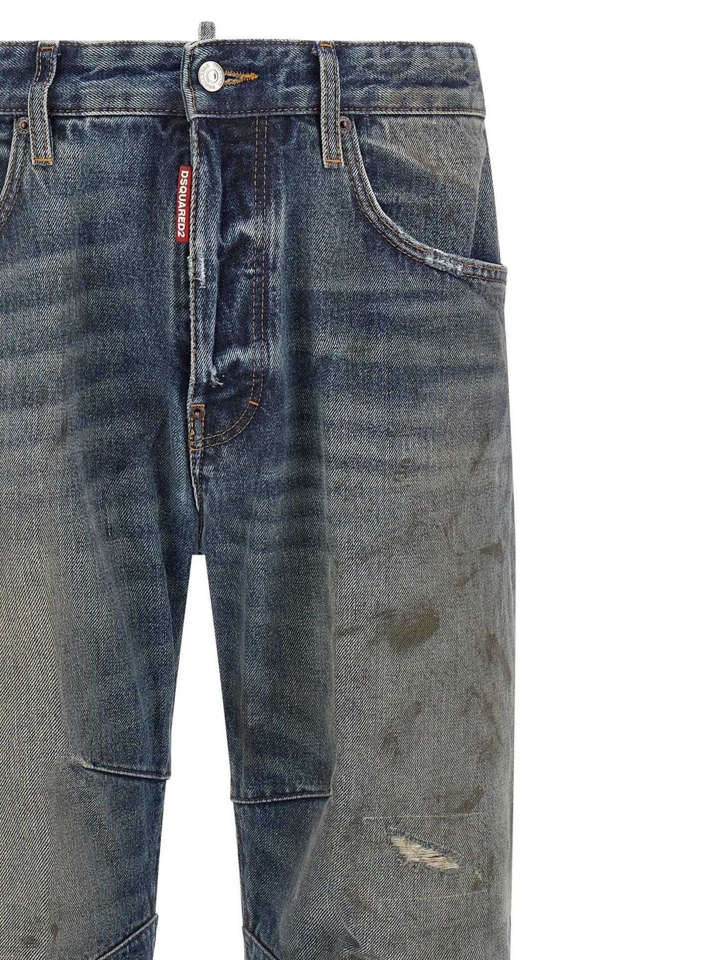 Jeans by Dsquared² for men in cotton denim blue, brown, red & signature features a polished silhouette with a polished relaxed-fit & cropped, reaching a polished cropped and finished with a polished .