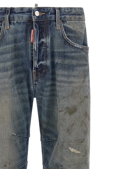 Jeans by Dsquared² for men in cotton denim blue, brown, red & signature features a polished silhouette with a polished relaxed-fit & cropped, reaching a polished cropped and finished with a polished .