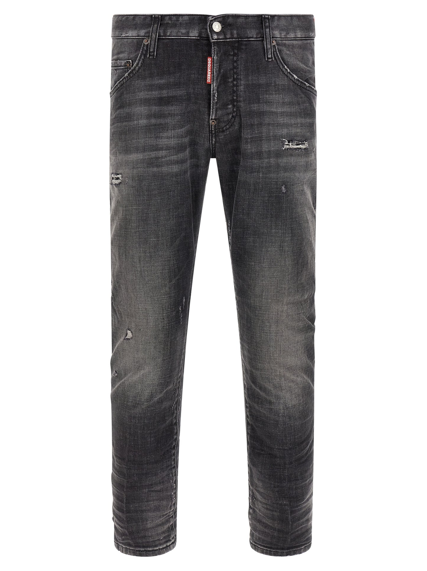 Jeans by Dsquared² for men in stretch denim cotton dark-gray & signature presents a tailored silhouette, showcasing a tailored skinny and long cut with a refined low rise for a truly tailored aesthetic.