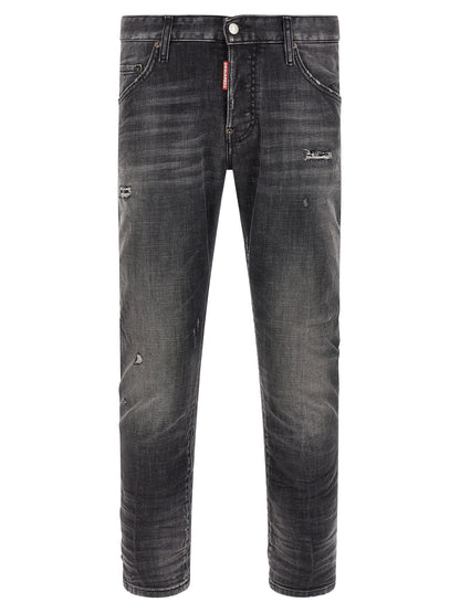 Jeans by Dsquared² for men in stretch denim cotton dark-gray & signature presents a tailored silhouette, showcasing a tailored skinny and long cut with a refined low rise for a truly tailored aesthetic.