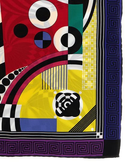Scarf by Versace for women in silk twill multicolor, patterned & print showcases a warm silhouette from the Silk Twill Foulard Square Scarf collection, offering a warm drape that exudes sophisticated luxury.