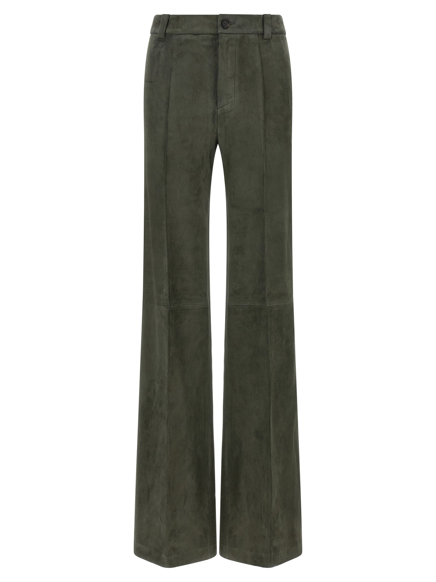 Trousers by STOULS for women in lamb leather gray, green & olive presents a smart silhouette, meticulously detailed with a smart bootcut, a smart long, and a smart high rise.