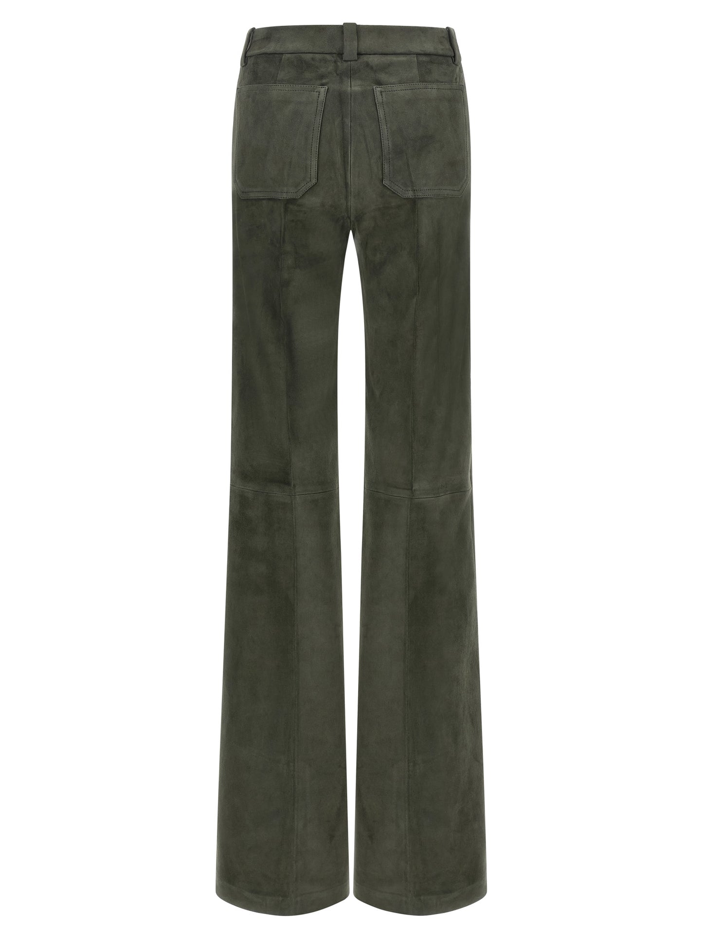 Trousers by STOULS for women in lamb leather gray, green & olive features a tailored silhouette with a tailored bootcut, defined by its long and a sophisticated high rise.