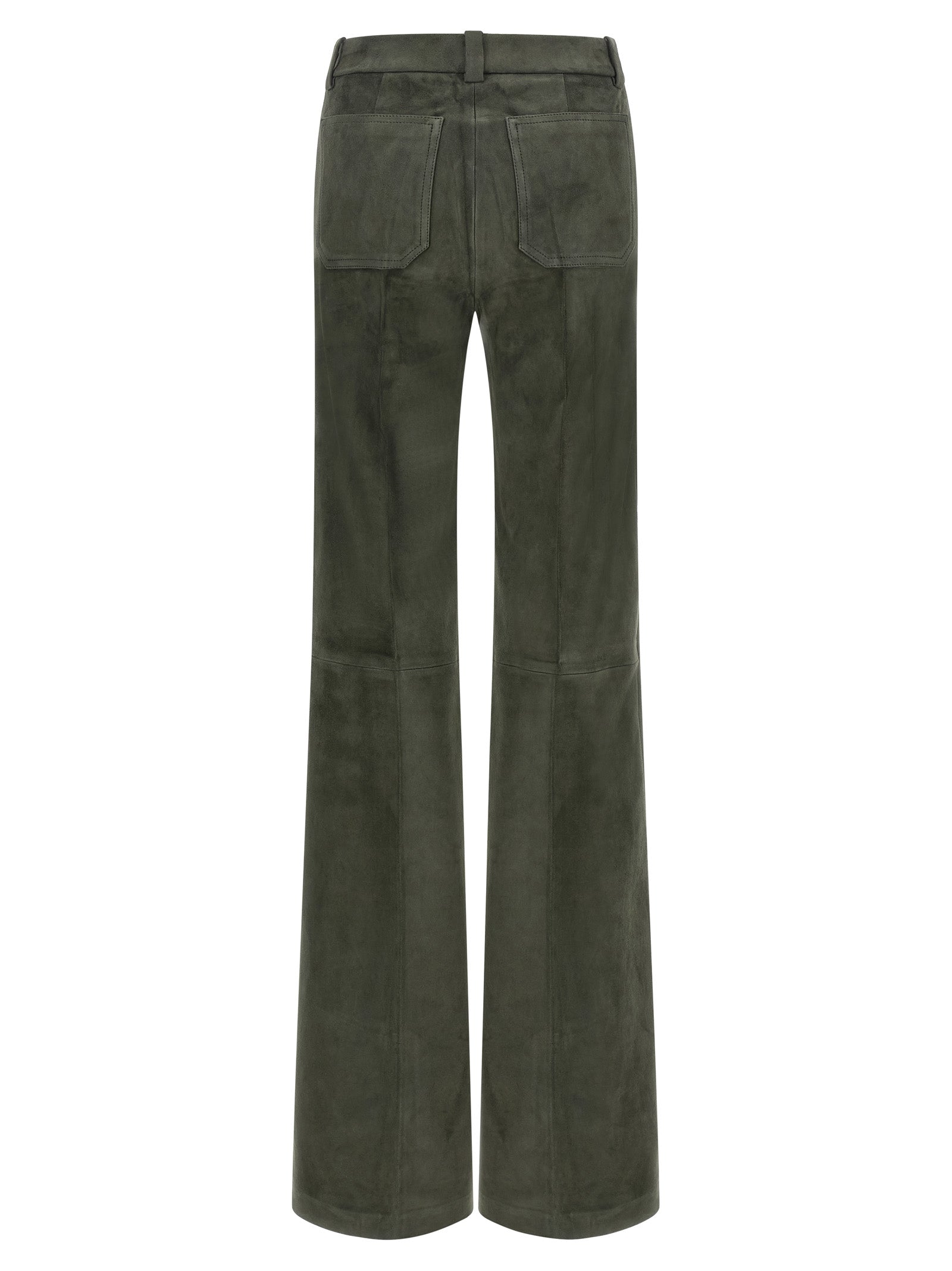 Trousers by STOULS for women in lamb leather gray, green & olive features a tailored silhouette with a tailored bootcut, defined by its long and a sophisticated high rise.