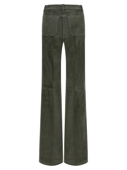 Trousers by STOULS for women in lamb leather gray, green & olive features a tailored silhouette with a tailored bootcut, defined by its long and a sophisticated high rise.