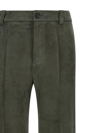 Trousers by STOULS for women in lamb leather gray, green & olive features an sartorial silhouette, showcasing a precise bootcut and long with a sartorial high rise for a refined look.