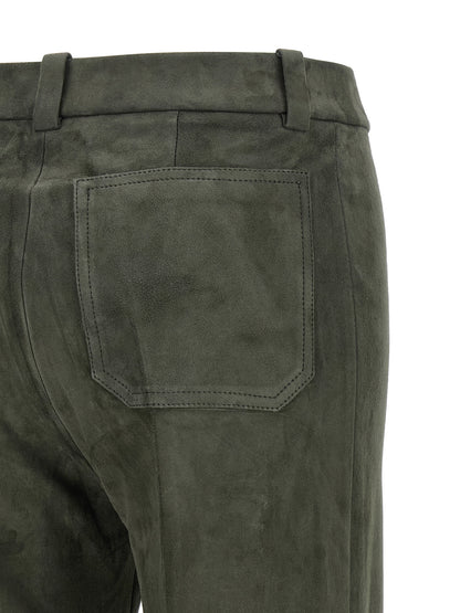 Trousers by STOULS for women in lamb leather gray, green & olive features an on trend silhouette, showcasing a sophisticated bootcut with a long and high rise for an on trend finish.