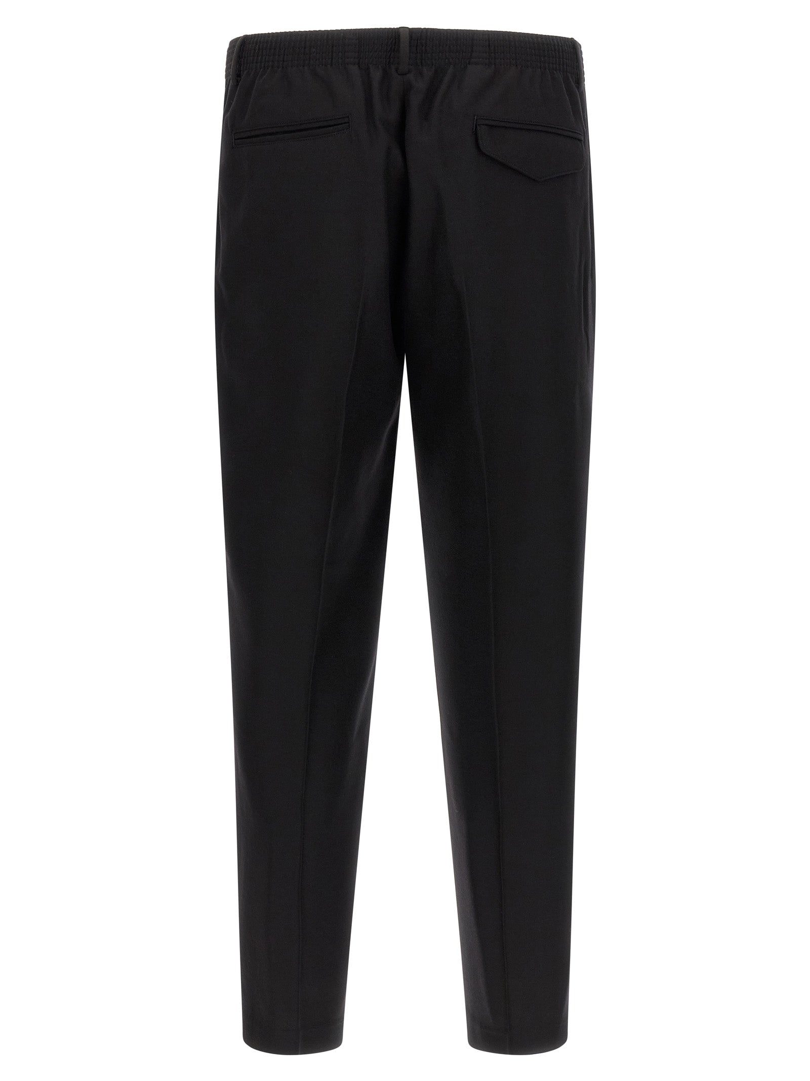 Trousers by CELLAR DOOR for men in virgin wool black presents a perennial silhouette, meticulously tailored with a tapered-leg cut, long finish, and an elegant .