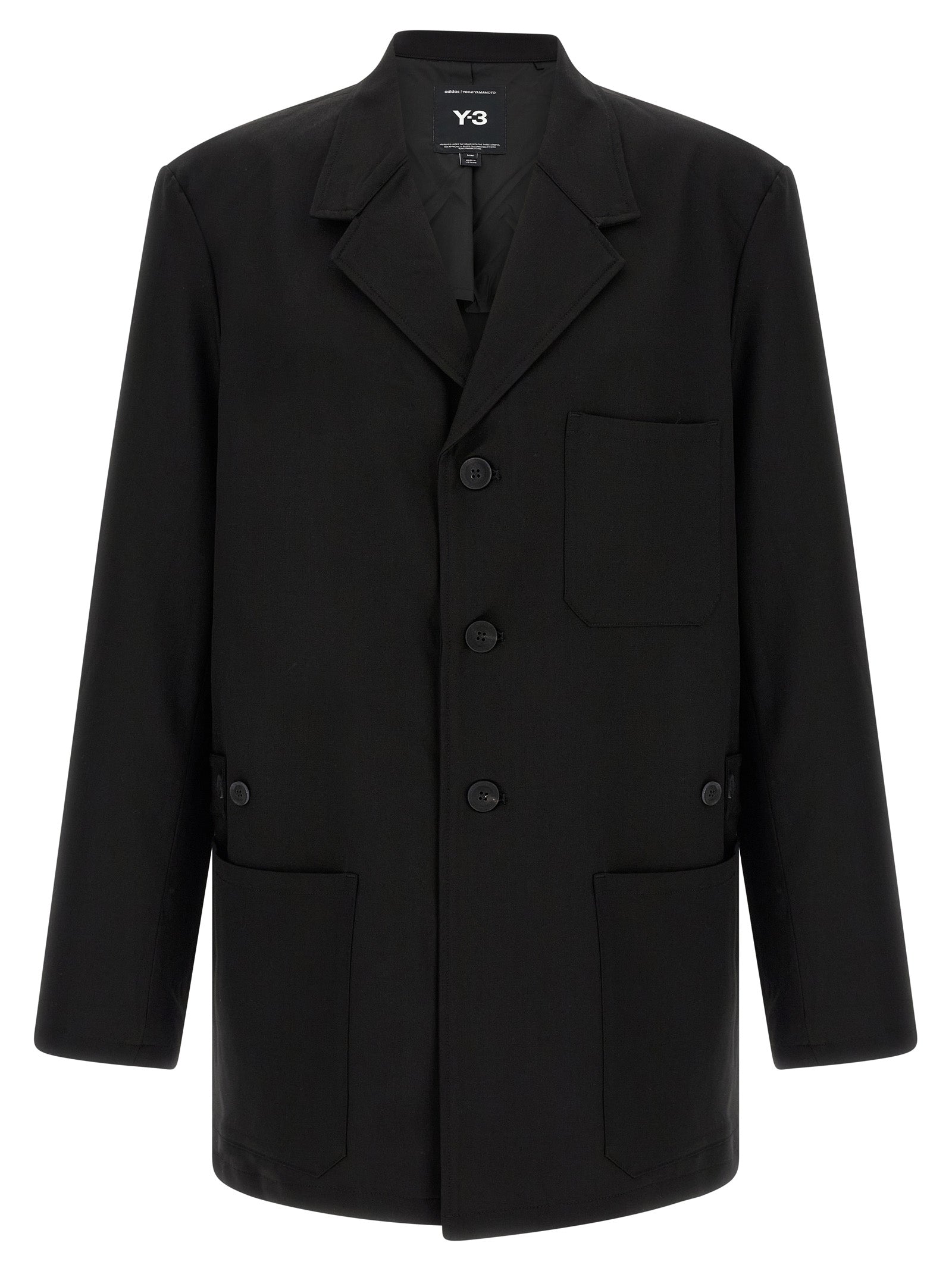 Overcoat by Y-3 for men in polyester viscose wool black showcases a enveloping silhouette, detailed with distinctive pockets and a enveloping lapel notch-lapel neckline.