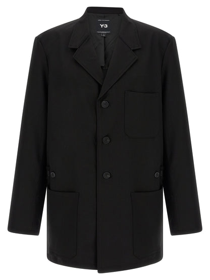 Overcoat by Y-3 for men in polyester viscose wool black showcases a enveloping silhouette, detailed with distinctive pockets and a enveloping lapel notch-lapel neckline.
