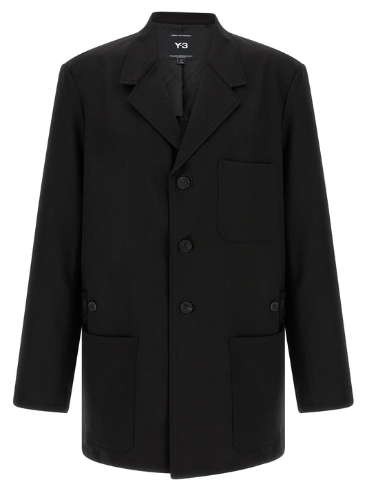 Overcoat by Y-3 for men in polyester viscose wool black showcases a enveloping silhouette, detailed with distinctive pockets and a enveloping lapel notch-lapel neckline.