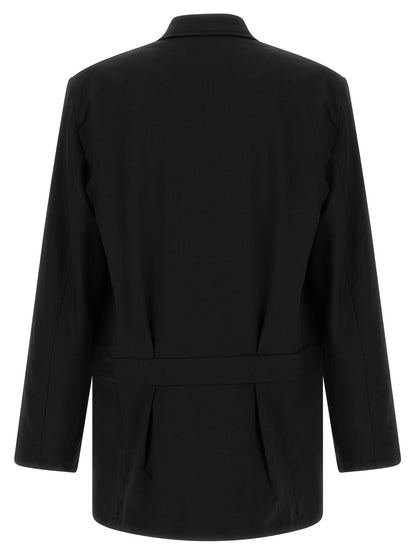 Overcoat by Y-3 for men in polyester viscose wool black features an satoral silhouette, showcasing a sophisticated lapel notch-lapel neckline and satoral pockets for a premium, timeless look.