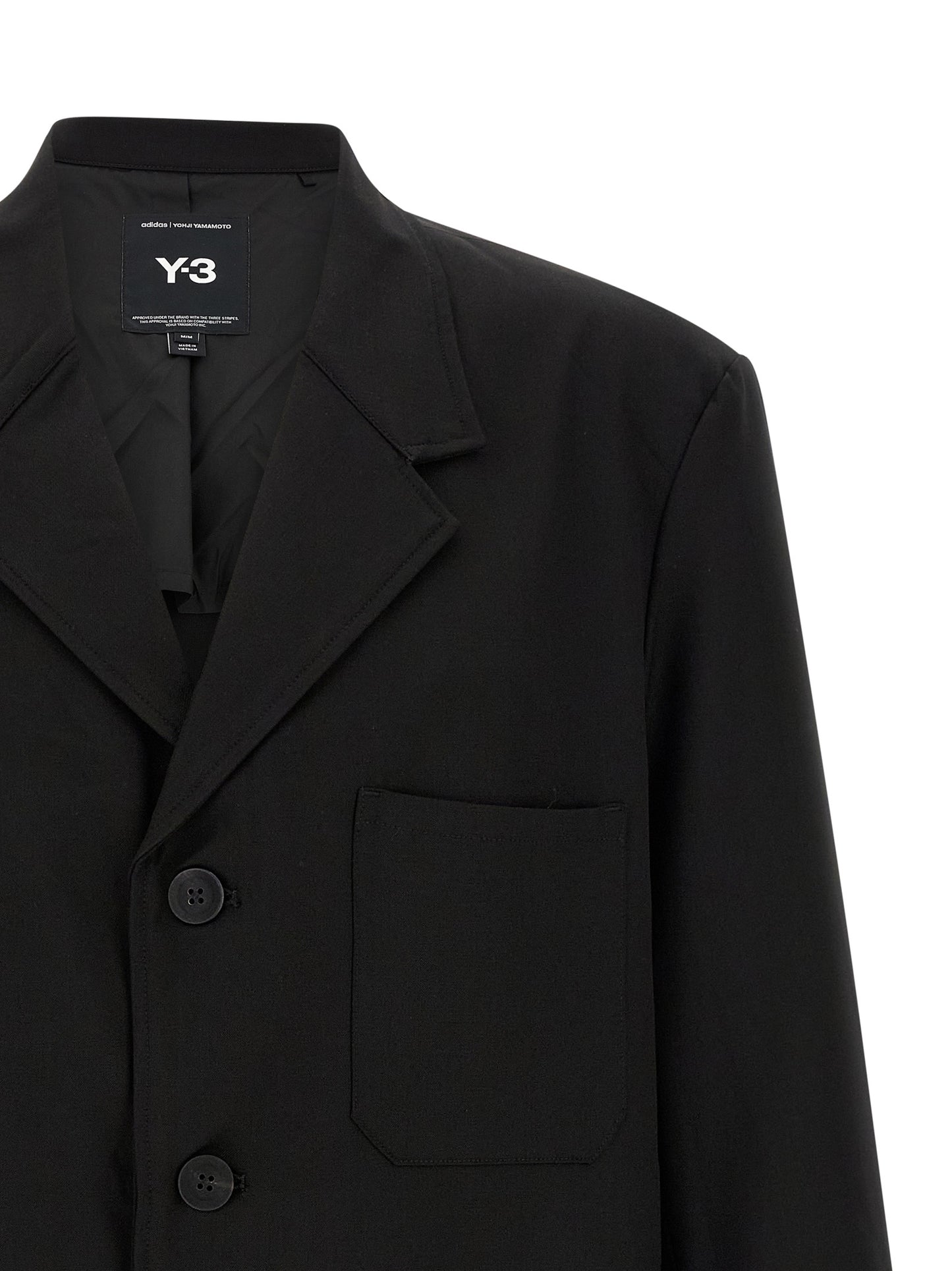 Overcoat by Y-3 for men in polyester viscose wool black features a cosy chic silhouette, artfully detailed with a sophisticated lapel notch-lapel neckline and premium pockets for a cosy chic finish.