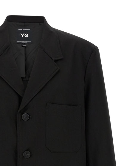 Overcoat by Y-3 for men in polyester viscose wool black features a cosy chic silhouette, artfully detailed with a sophisticated lapel notch-lapel neckline and premium pockets for a cosy chic finish.