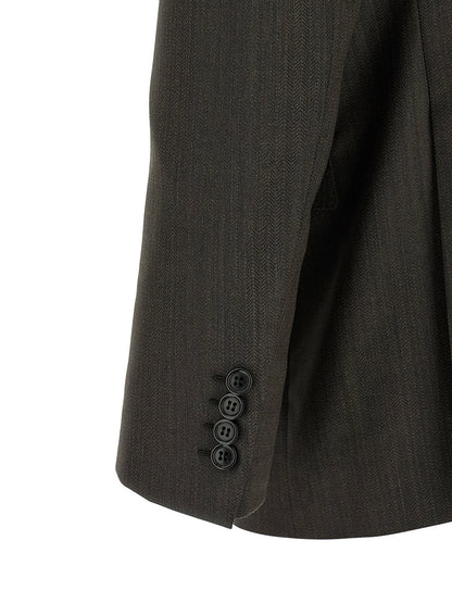 Pant Suit by Brioni for men in wool brown showcases a sartorial silhouette, artfully detailed with a sophisticated and a sartorial for a refined, high-fashion aesthetic.
