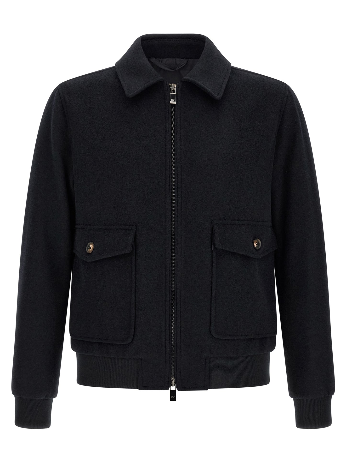 Bomber Jacket by Pal Zileri for men in plush polyester wool black & signature features a dramatic silhouette, showcasing a sophisticated shirt-collar neckline and distinctive pockets for a dramatic aesthetic.