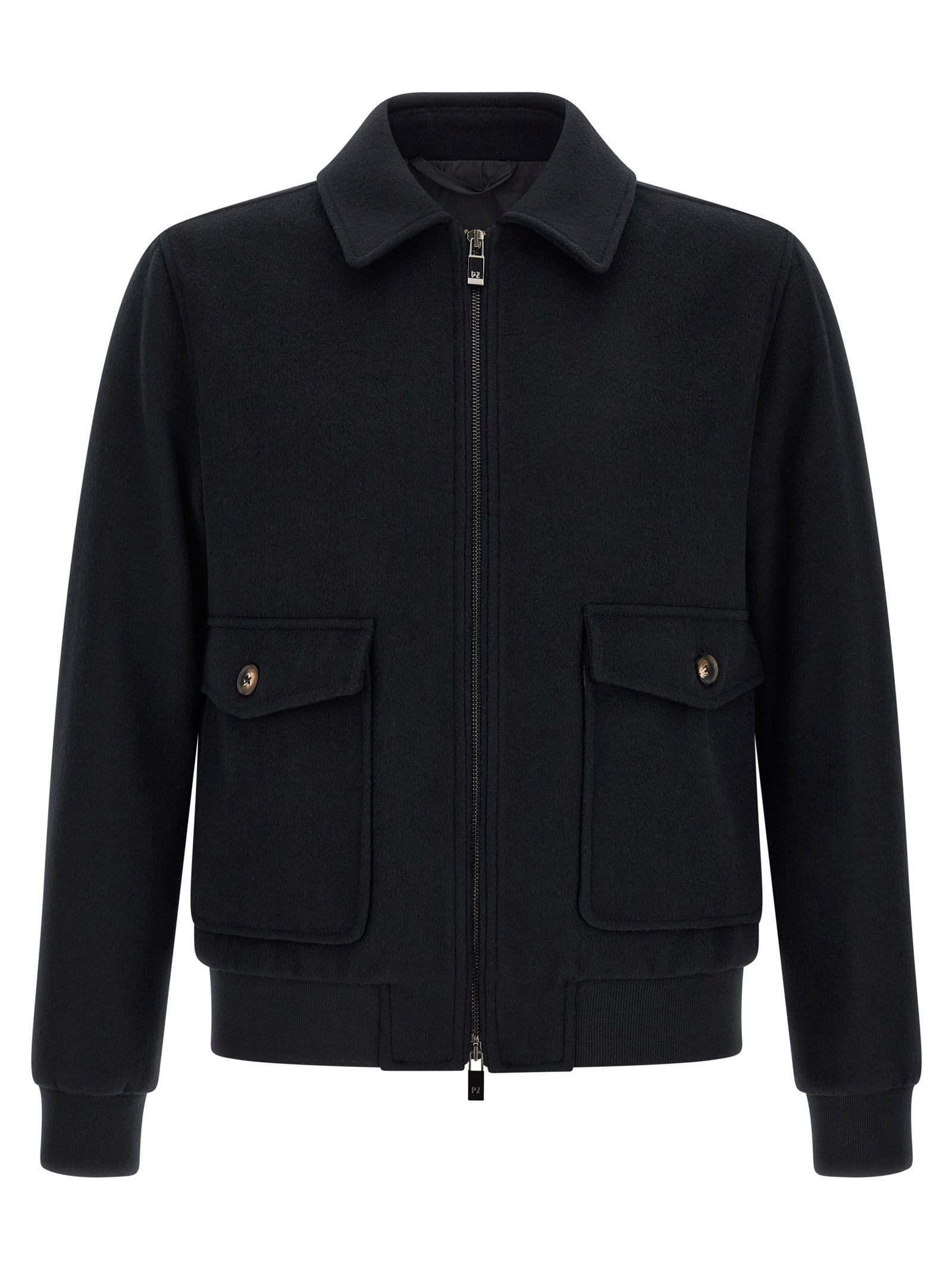 Bomber Jacket by Pal Zileri for men in plush polyester wool black & signature features a dramatic silhouette, showcasing a sophisticated shirt-collar neckline and distinctive pockets for a dramatic aesthetic.