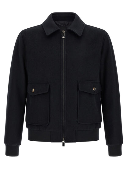 Bomber Jacket by Pal Zileri for men in plush polyester wool black & signature features a dramatic silhouette, showcasing a sophisticated shirt-collar neckline and distinctive pockets for a dramatic aesthetic.