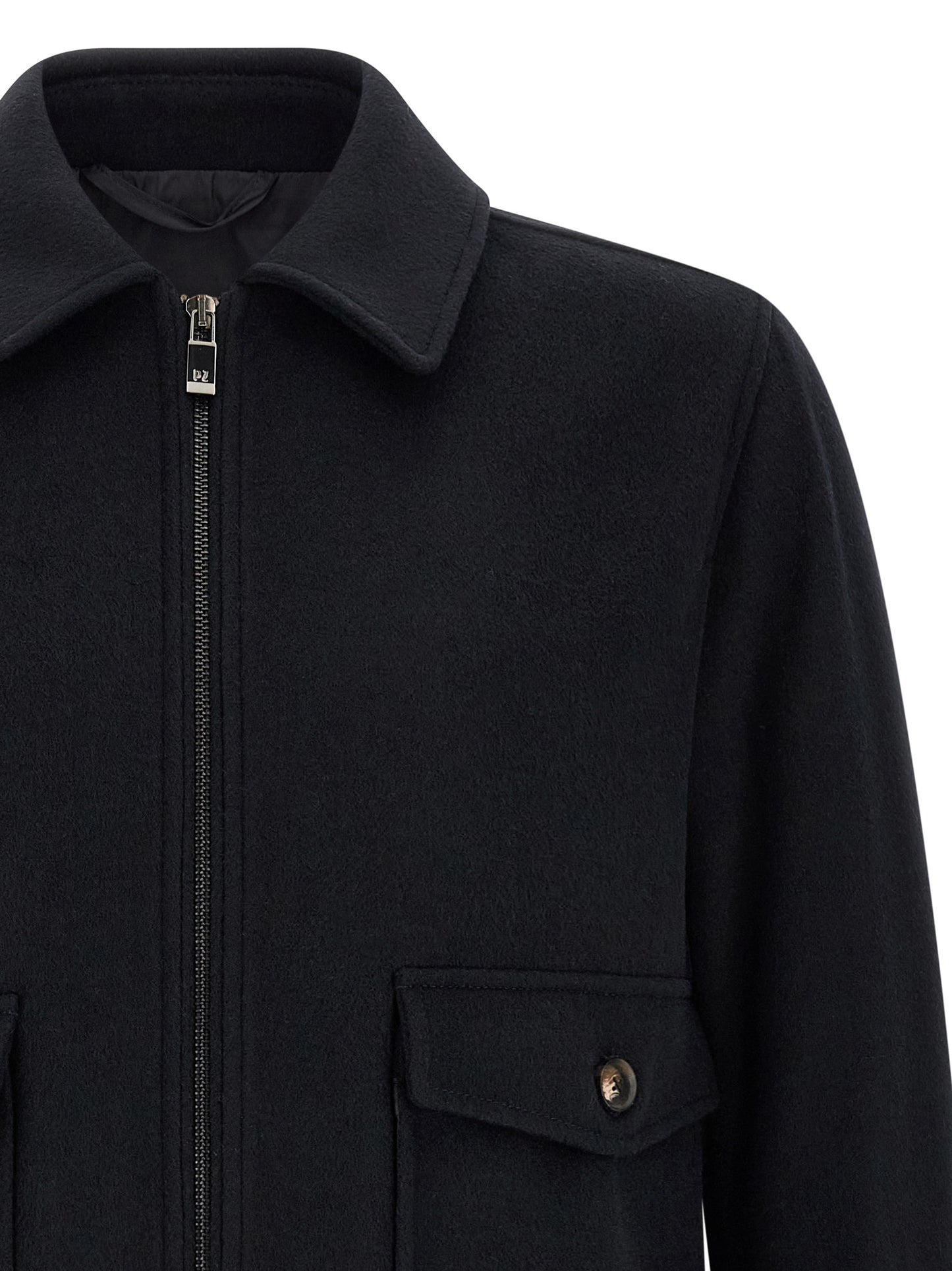 Bomber Jacket by Pal Zileri for men in plush polyester wool black & signature features a city-ready silhouette, detailed with pockets and a city-ready shirt-collar neckline.