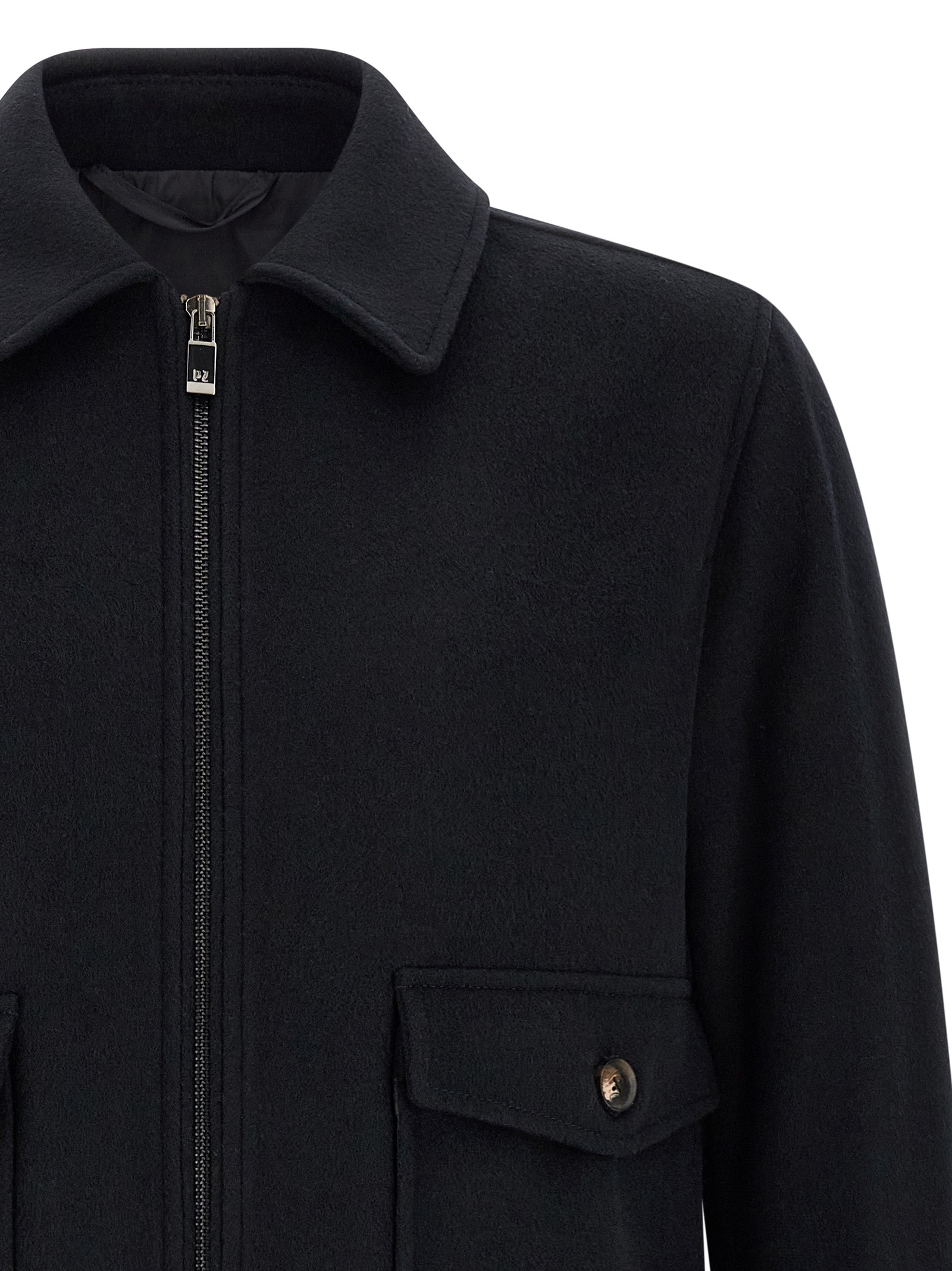 Bomber Jacket by Pal Zileri for men in plush polyester wool black & signature features a city-ready silhouette, detailed with pockets and a city-ready shirt-collar neckline.