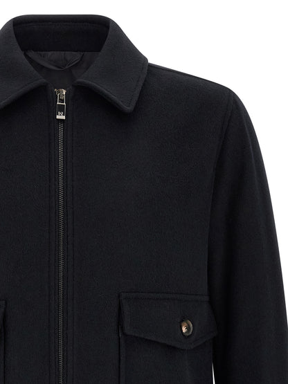Bomber Jacket by Pal Zileri for men in plush polyester wool black & signature features a city-ready silhouette, detailed with pockets and a city-ready shirt-collar neckline.