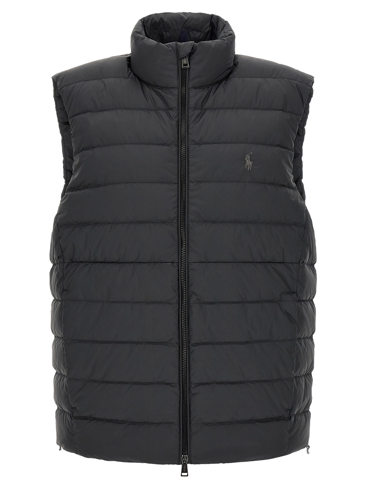 Vest by Polo Ralph Lauren for men in polyester black showcases a dynamic silhouette, perfectly balancing pockets with a dynamic for a sophisticated, high-fashion look.