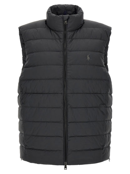 Vest by Polo Ralph Lauren for men in polyester black showcases a dynamic silhouette, perfectly balancing pockets with a dynamic for a sophisticated, high-fashion look.