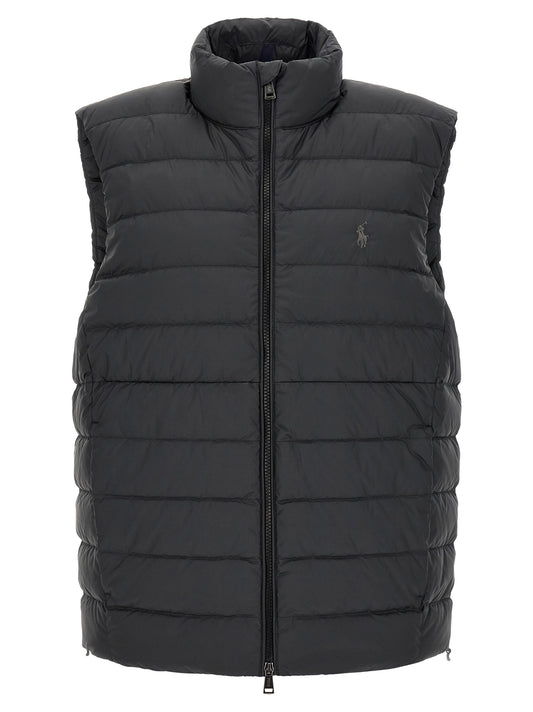 Vest by Polo Ralph Lauren for men in polyester black showcases a dynamic silhouette, perfectly balancing pockets with a dynamic for a sophisticated, high-fashion look.