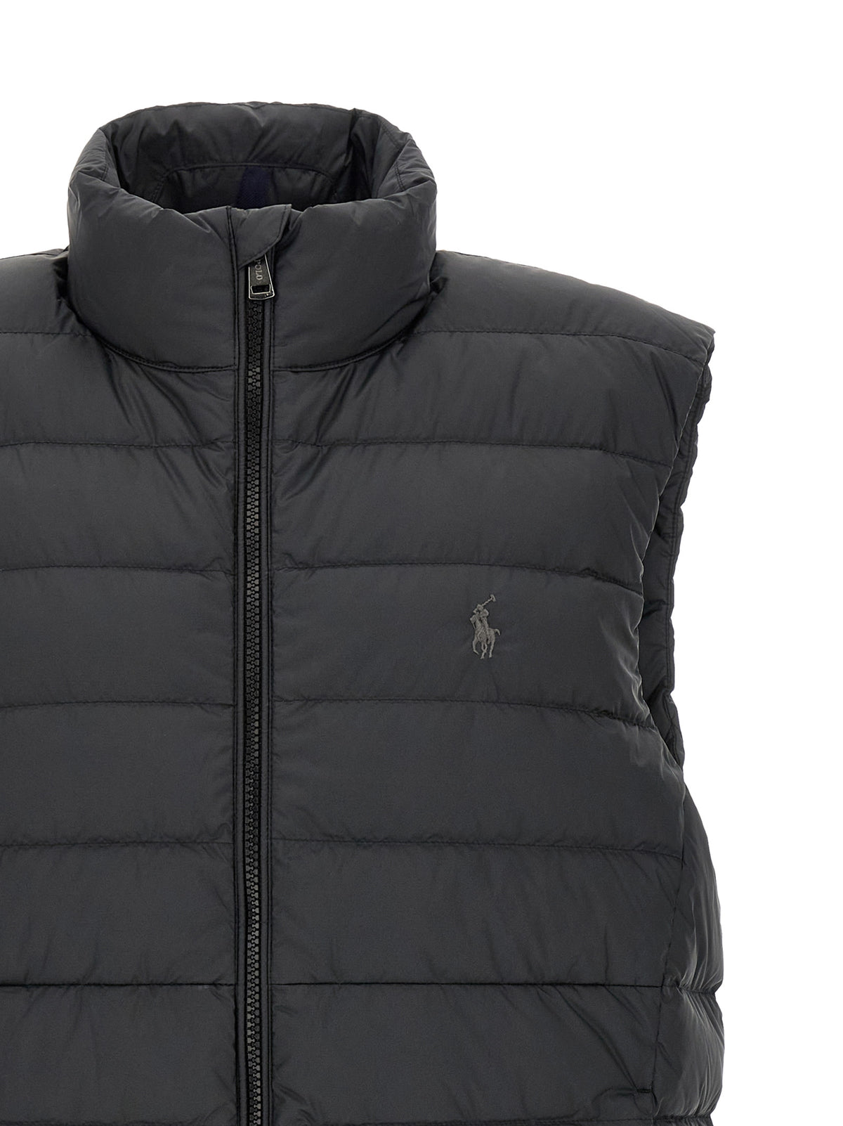 Vest by Polo Ralph Lauren for men in polyester black showcases a utilitarian silhouette, artfully incorporating pockets and a utilitarian for a truly utilitarian finish.