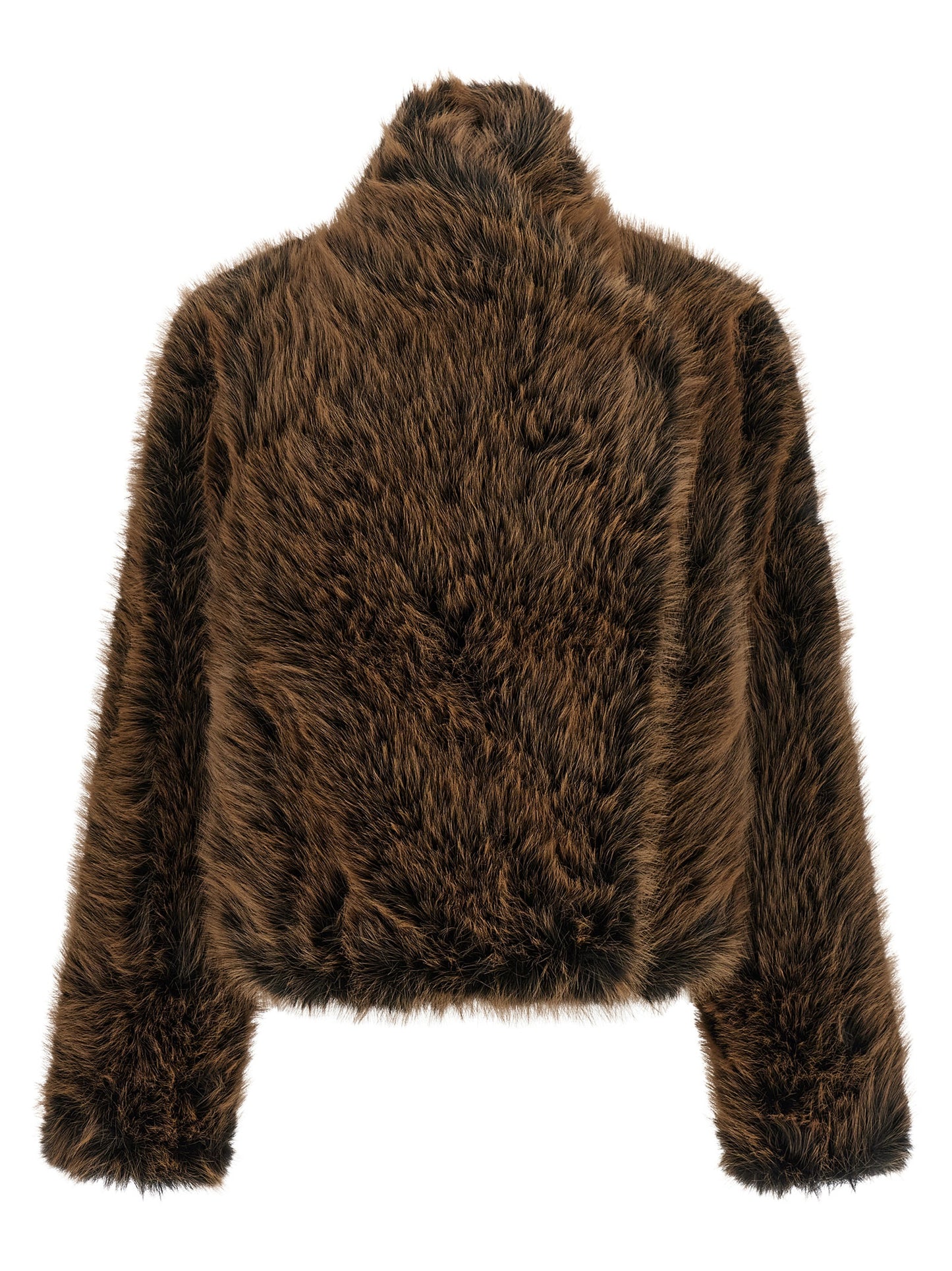 Overcoat by B&B COUTURE for women in faux polyester fur black & brown showcases a architectural silhouette, artfully detailed with a distinctive high-neck neckline and functional for a architectural finish.