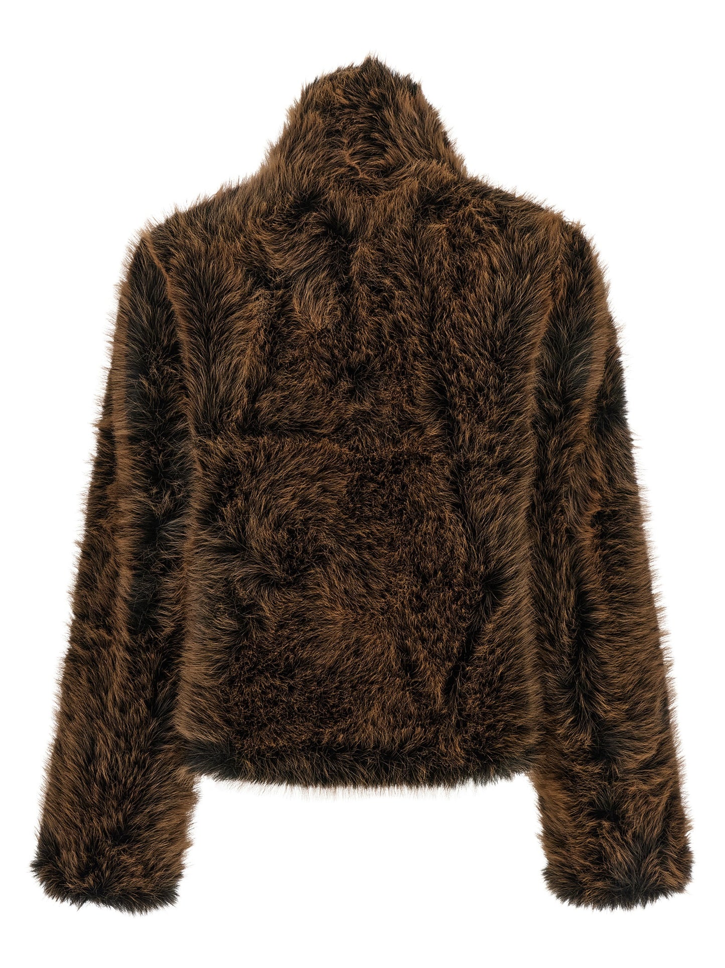 Overcoat by B&B COUTURE for women in faux polyester fur black & brown showcases a enveloping silhouette, detailed with distinctive and a enveloping high-neck neckline.