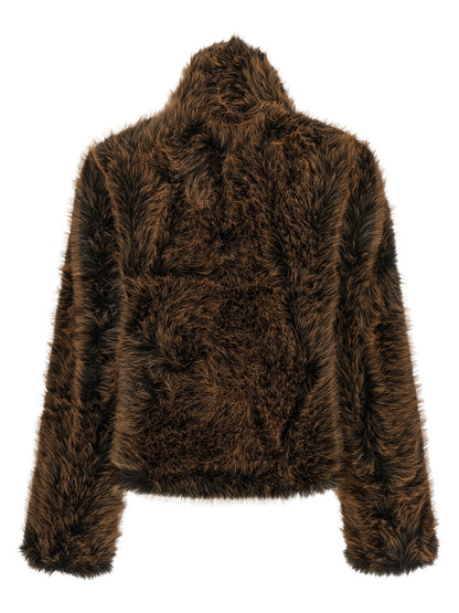 Overcoat by B&B COUTURE for women in faux polyester fur black & brown showcases a enveloping silhouette, detailed with distinctive and a enveloping high-neck neckline.