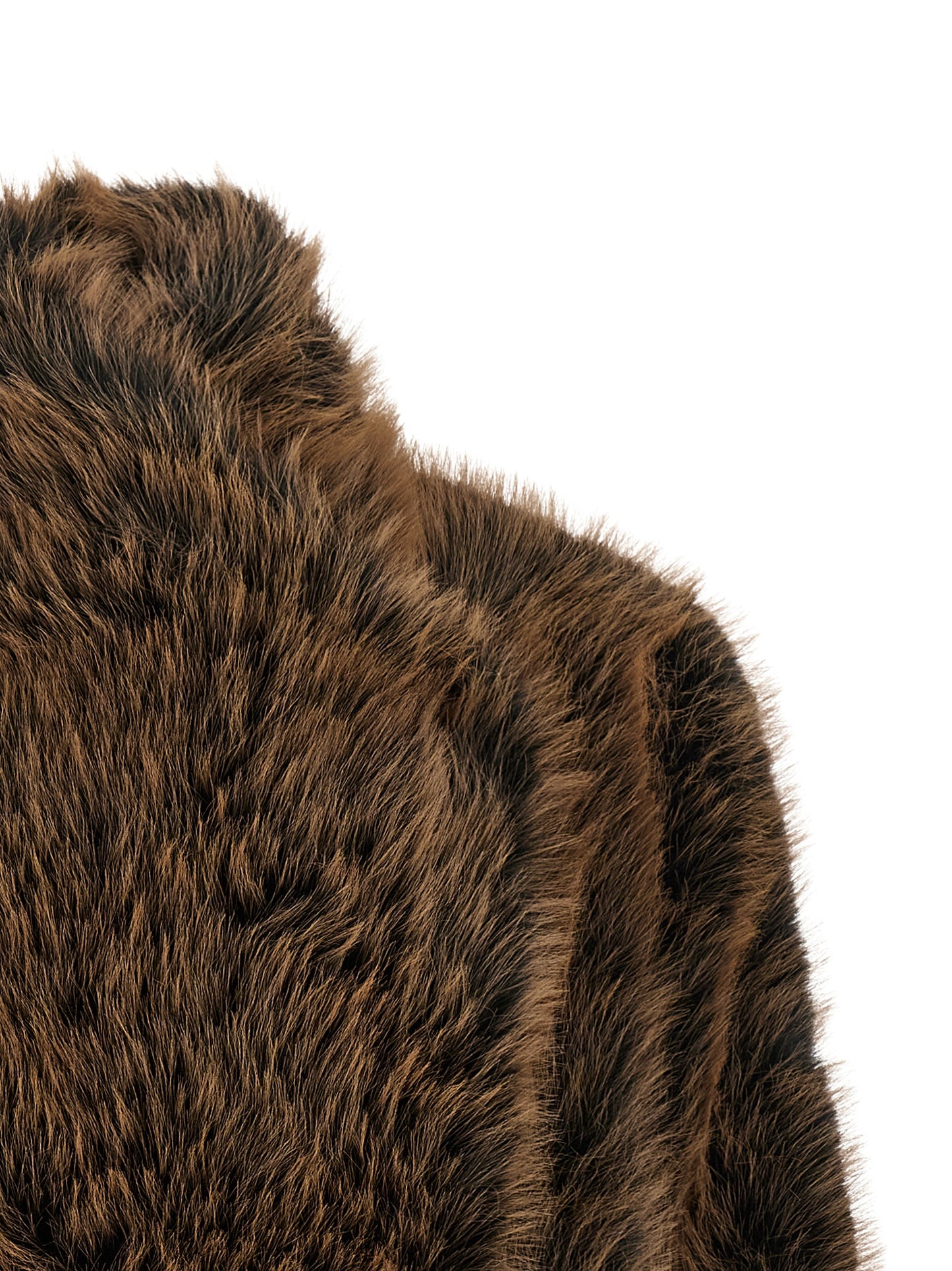Overcoat by B&B COUTURE for women in faux polyester fur black & brown presents a luxurious silhouette, showcasing a luxurious high-neck neckline and sophisticated for a premium, luxurious look.
