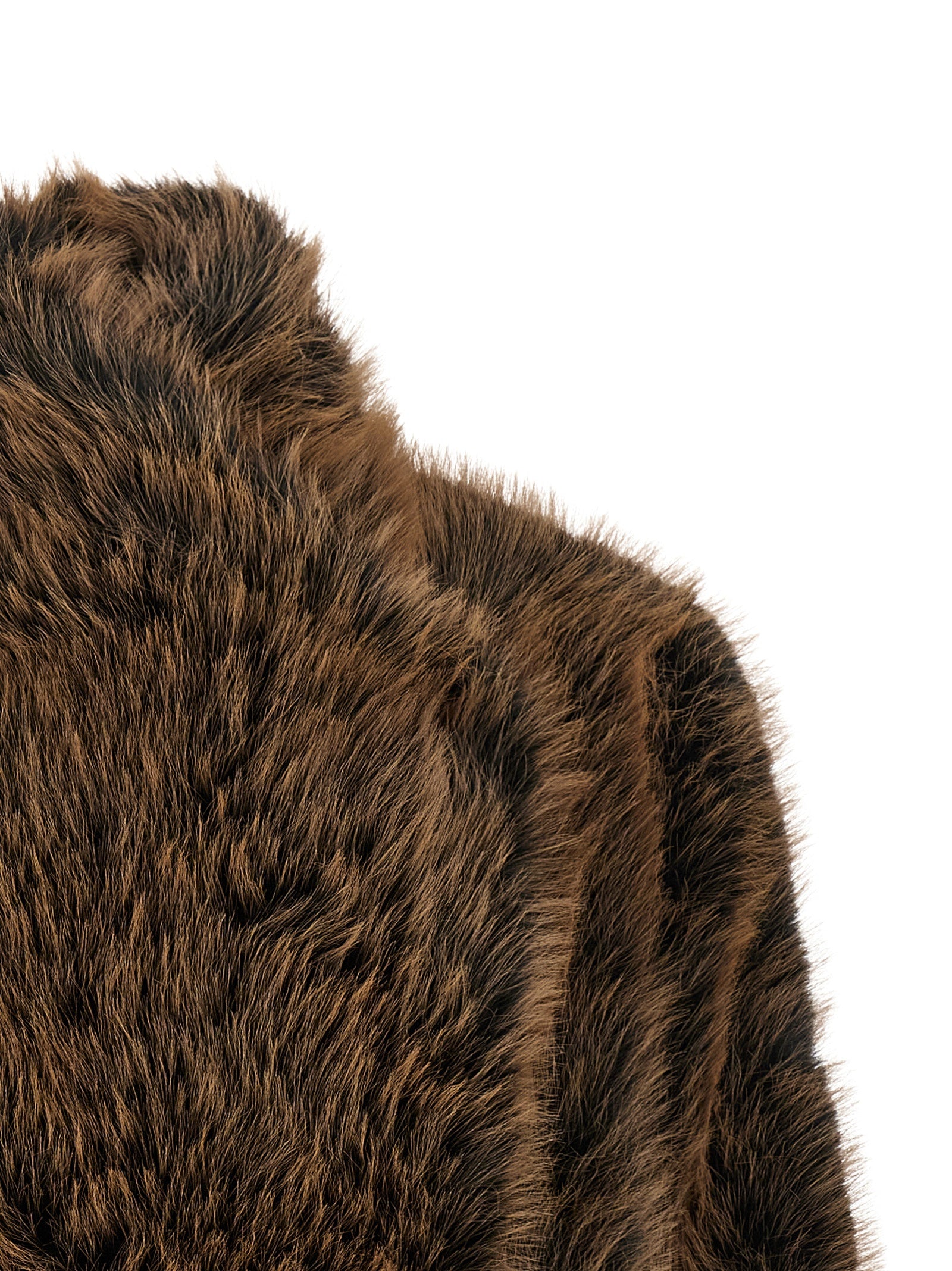Overcoat by B&B COUTURE for women in faux polyester fur black & brown presents a luxurious silhouette, showcasing a luxurious high-neck neckline and sophisticated for a premium, luxurious look.