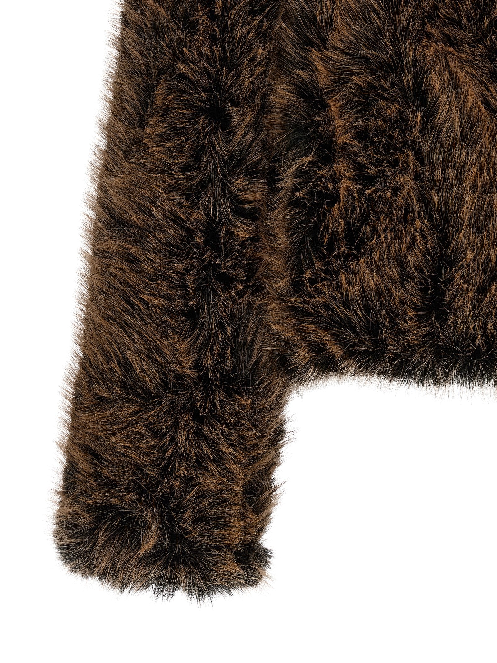 Overcoat by B&B COUTURE for women in faux polyester fur black & brown presents a luxurious silhouette, showcasing a luxurious and sophisticated for a premium, luxurious look.