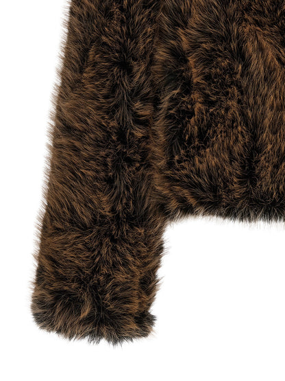 Overcoat by B&B COUTURE for women in faux polyester fur black & brown presents a luxurious silhouette, showcasing a luxurious and sophisticated for a premium, luxurious look.