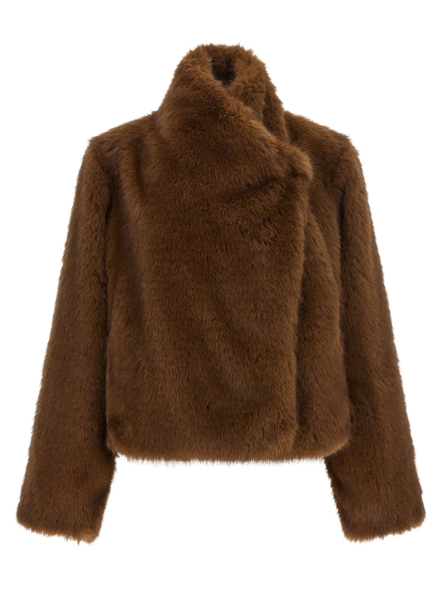 Overcoat by B&B COUTURE for women in polyester faux fur brown features an satoral silhouette, showcasing a sophisticated wrap high-neck neckline and satoral for a premium, timeless look.