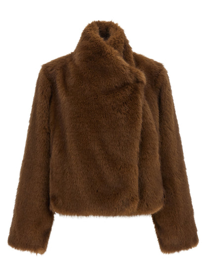 Overcoat by B&B COUTURE for women in polyester faux fur brown features an satoral silhouette, showcasing a sophisticated wrap high-neck neckline and satoral for a premium, timeless look.